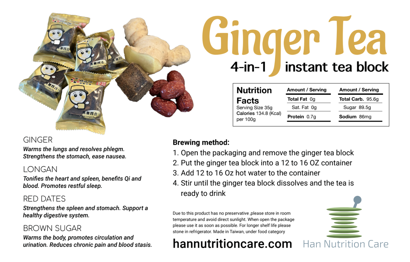 Ginger Tea - Ginger, Longan, Red Dates, and Brwon Sugar - 4-in-1 instant tea block